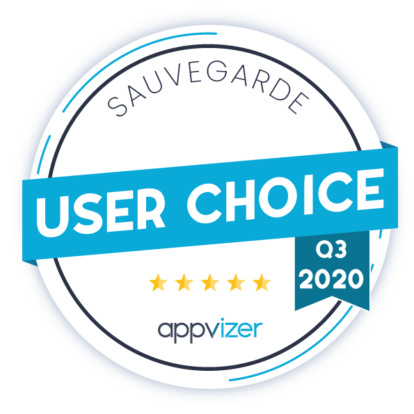 Badge 'User Choice' avec cinq étoiles pour BeBackup, décerné par appvizer pour Q3 2020, soulignant l'excellence en sauvegarde de données.